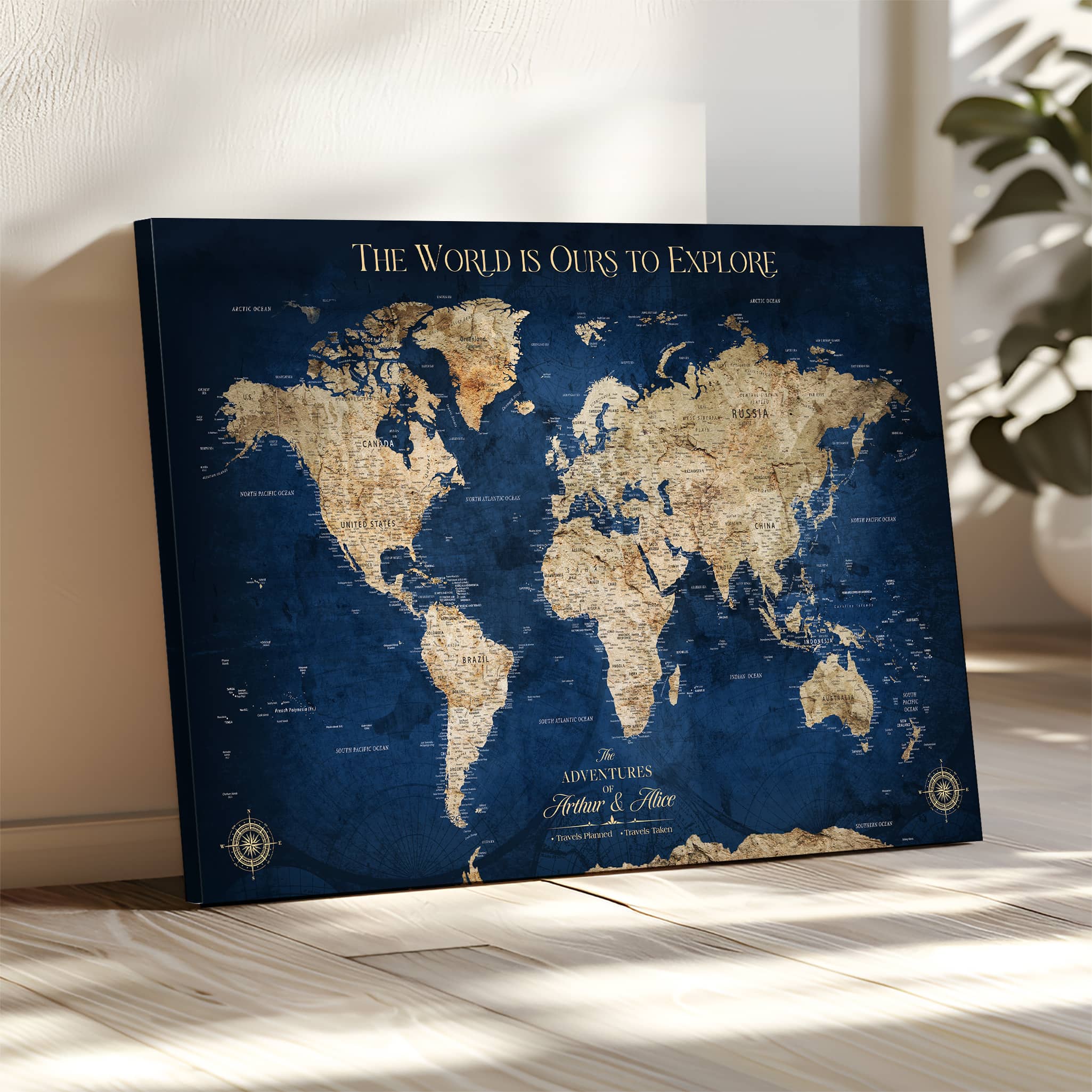 H2-Detailed-Custom Push Pin World Map Personalized Travel Tracker Canvas Gift Framed Anniversary Decor for Couples or Family Adventures - H2-1