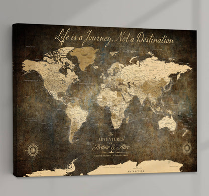 '-Personalized Push Pin World Map – Custom Framed Canvas Wall Art for Travel Memories, Couples, Anniversaries, and Adventure Gifts - H1