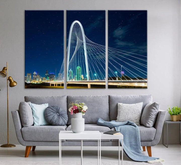 Dallas City Bridge at Night Skyline Wall Art Cityscape Canvas Print