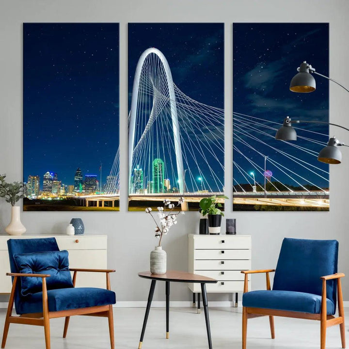 Dallas City Bridge at Night Skyline Wall Art Cityscape Canvas Print