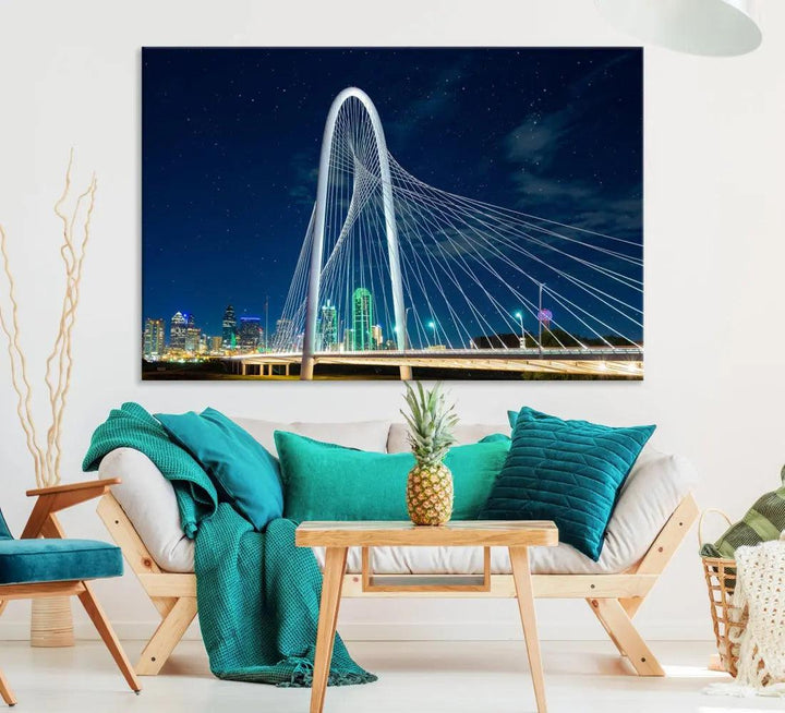 Dallas City Bridge at Night Skyline Wall Art Cityscape Canvas Print