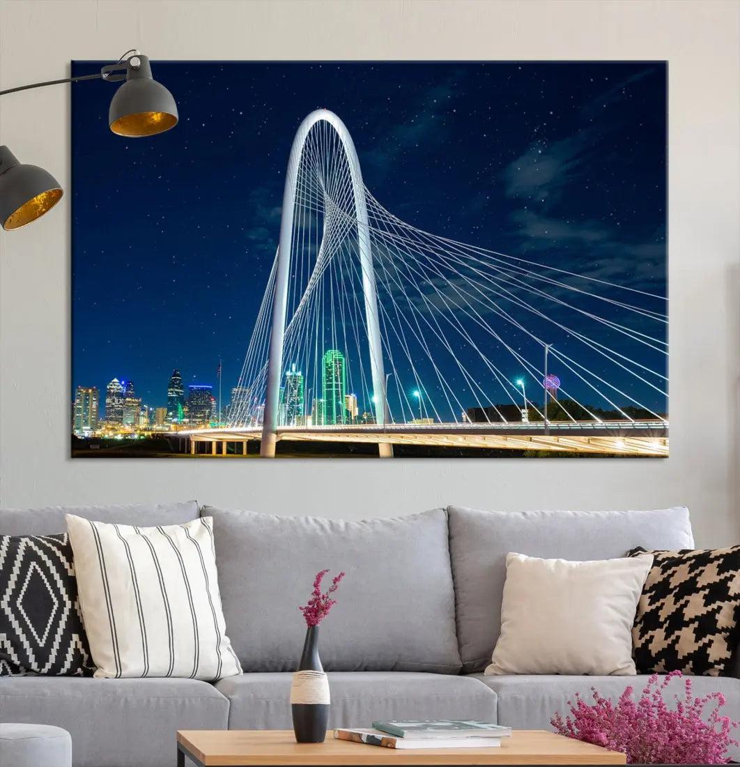 Dallas City Bridge at Night Skyline Wall Art Cityscape Canvas Print