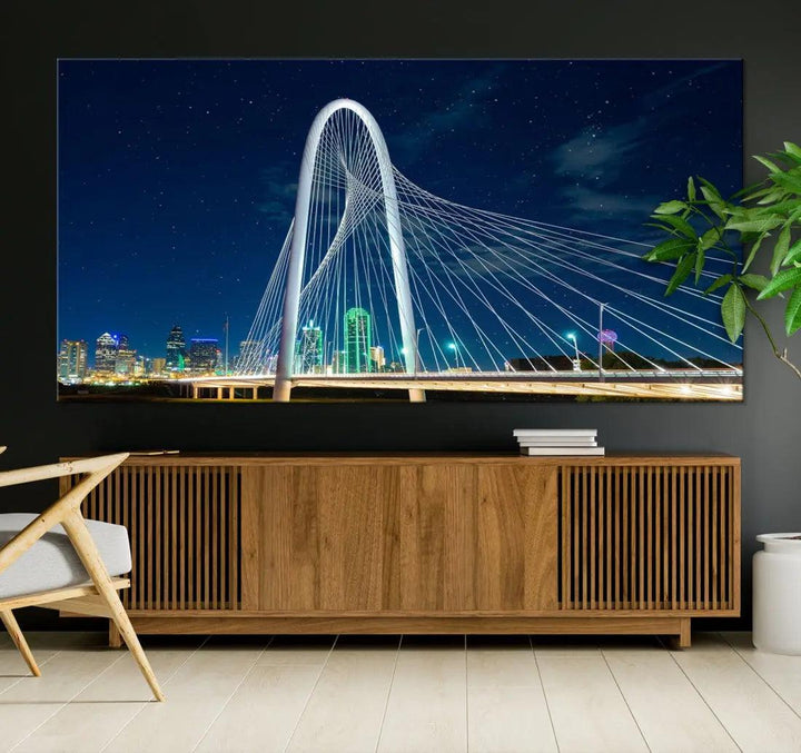 Dallas City Bridge at Night Skyline Wall Art Cityscape Canvas Print