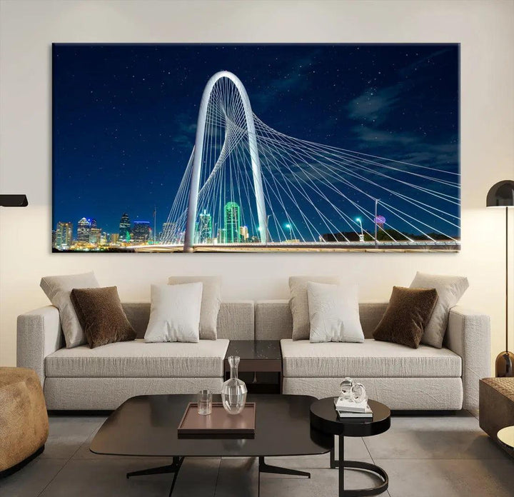 Dallas City Bridge at Night Skyline Wall Art Cityscape Canvas Print