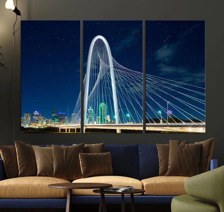 Dallas City Bridge at Night Skyline Wall Art Cityscape Canvas Print