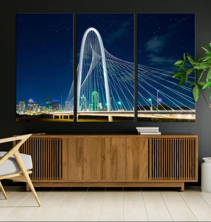 Dallas City Bridge at Night Skyline Wall Art Cityscape Canvas Print