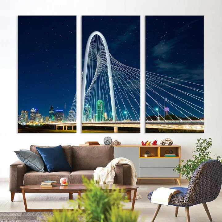 Dallas City Bridge at Night Skyline Wall Art Cityscape Canvas Print