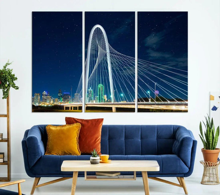 Dallas City Bridge at Night Skyline Wall Art Cityscape Canvas Print