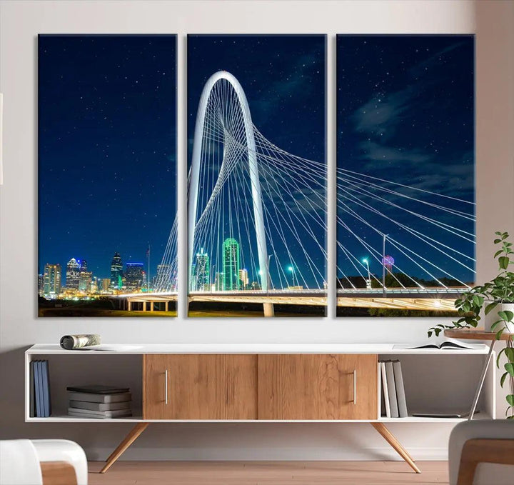 Dallas City Bridge at Night Skyline Wall Art Cityscape Canvas Print