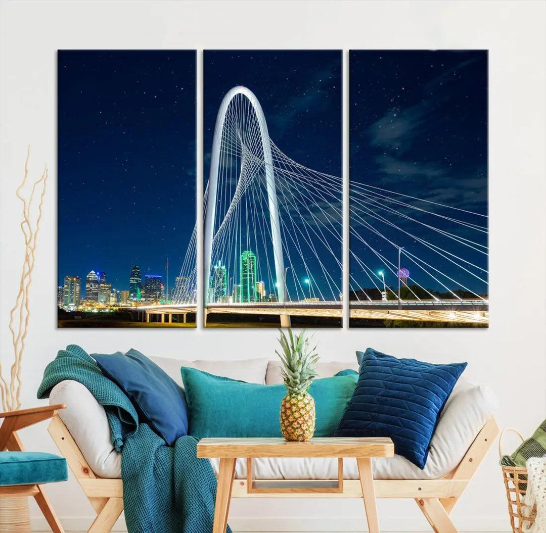 Dallas City Bridge at Night Skyline Wall Art Cityscape Canvas Print