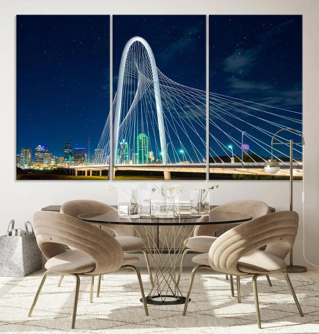 Dallas City Bridge at Night Skyline Wall Art Cityscape Canvas Print