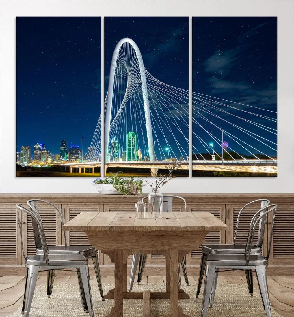 Dallas City Bridge at Night Skyline Wall Art Cityscape Canvas Print