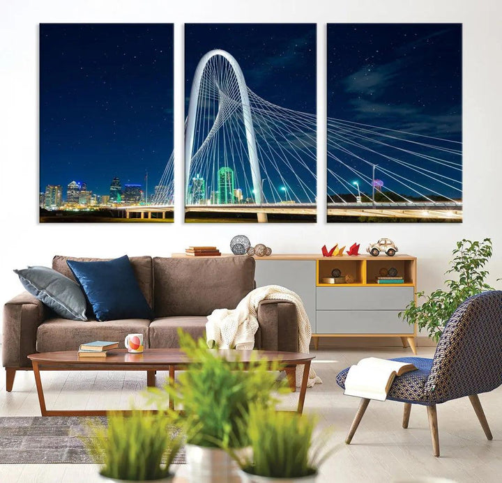 Dallas City Bridge at Night Skyline Wall Art Cityscape Canvas Print