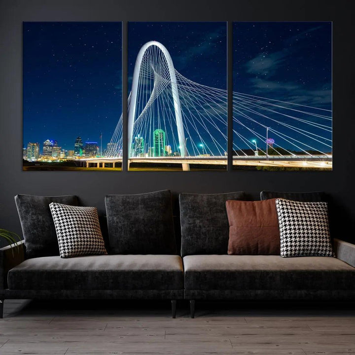 Dallas City Bridge at Night Skyline Wall Art Cityscape Canvas Print