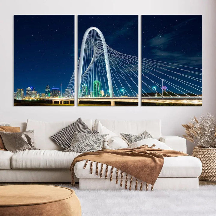 Dallas City Bridge at Night Skyline Wall Art Cityscape Canvas Print