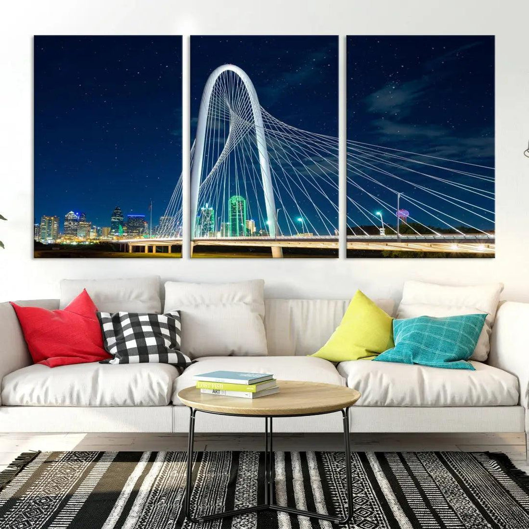 Dallas City Bridge at Night Skyline Wall Art Cityscape Canvas Print