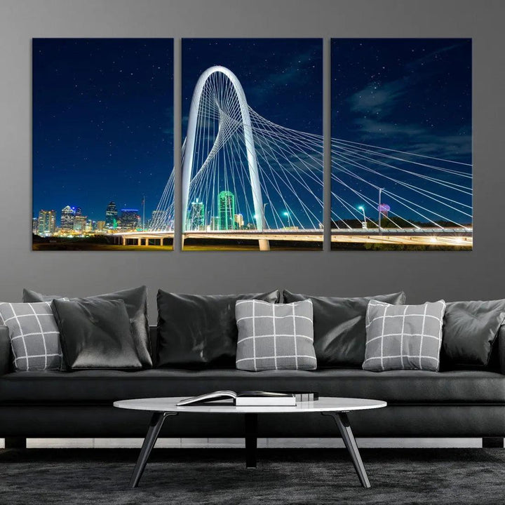 Dallas City Bridge at Night Skyline Wall Art Cityscape Canvas Print