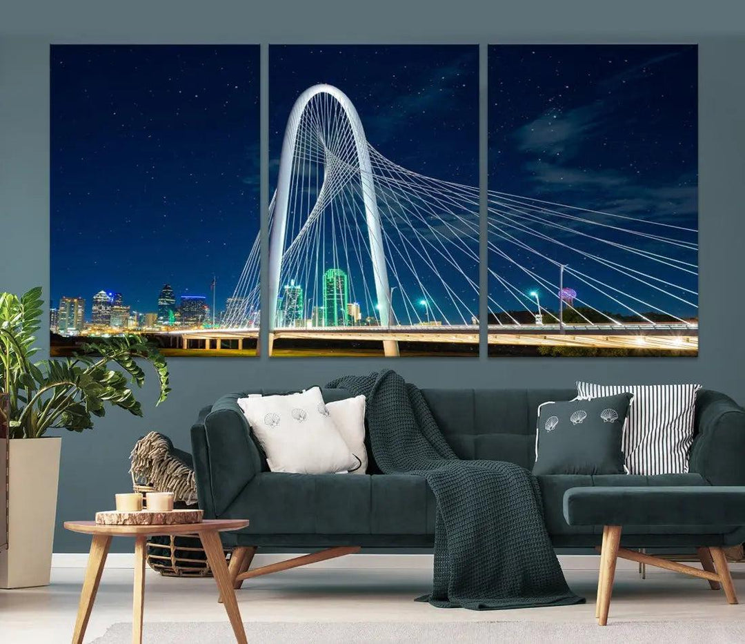 Dallas City Bridge at Night Skyline Wall Art Cityscape Canvas Print