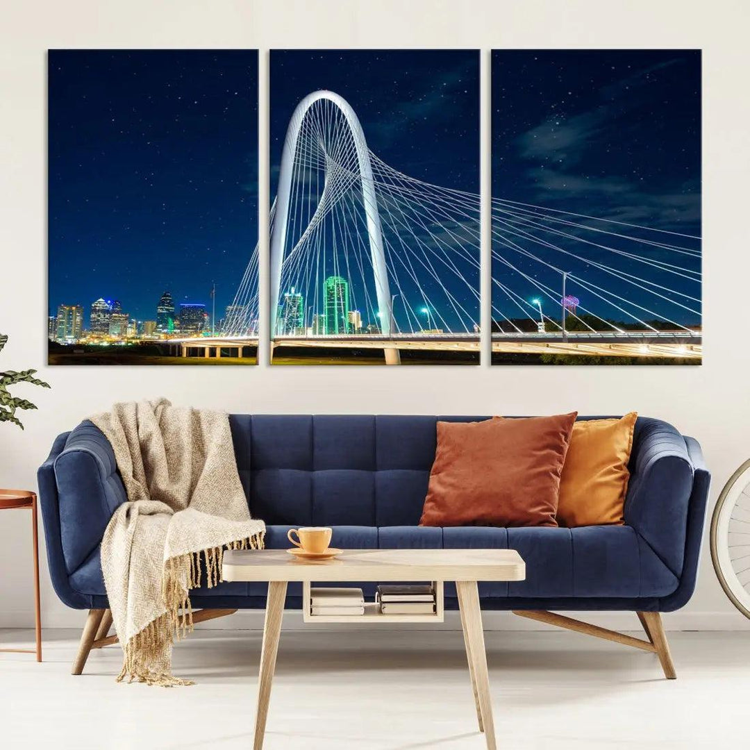 Dallas City Bridge at Night Skyline Wall Art Cityscape Canvas Print