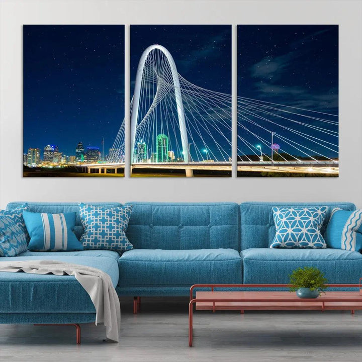 Dallas City Bridge at Night Skyline Wall Art Cityscape Canvas Print