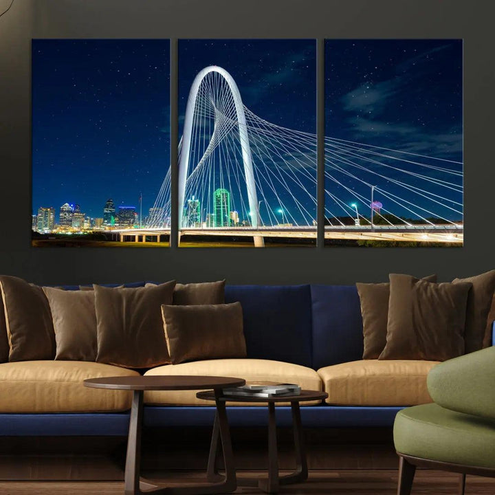 Dallas City Bridge at Night Skyline Wall Art Cityscape Canvas Print