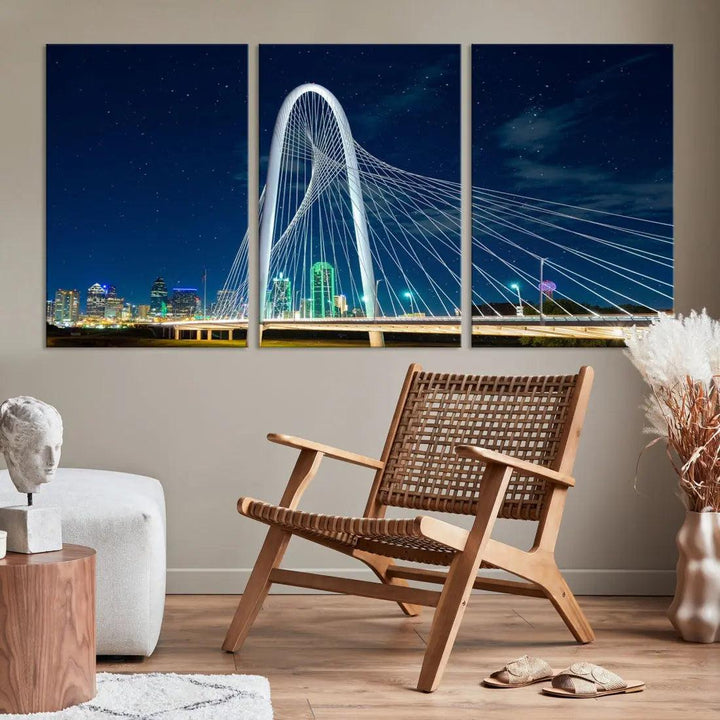 Dallas City Bridge at Night Skyline Wall Art Cityscape Canvas Print