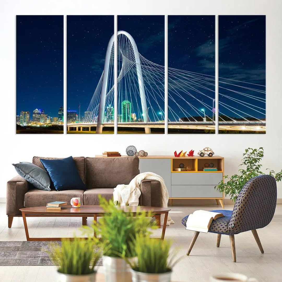 Dallas City Bridge at Night Skyline Wall Art Cityscape Canvas Print