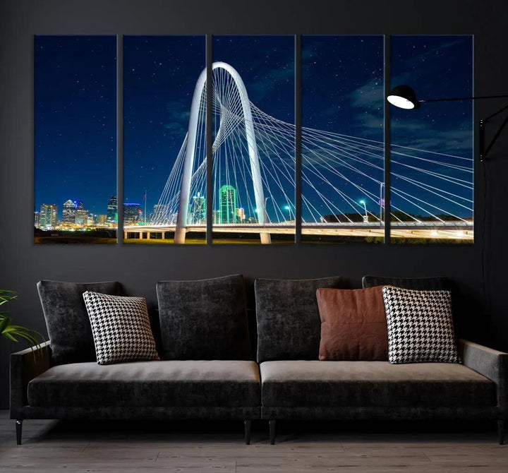 Dallas City Bridge at Night Skyline Wall Art Cityscape Canvas Print