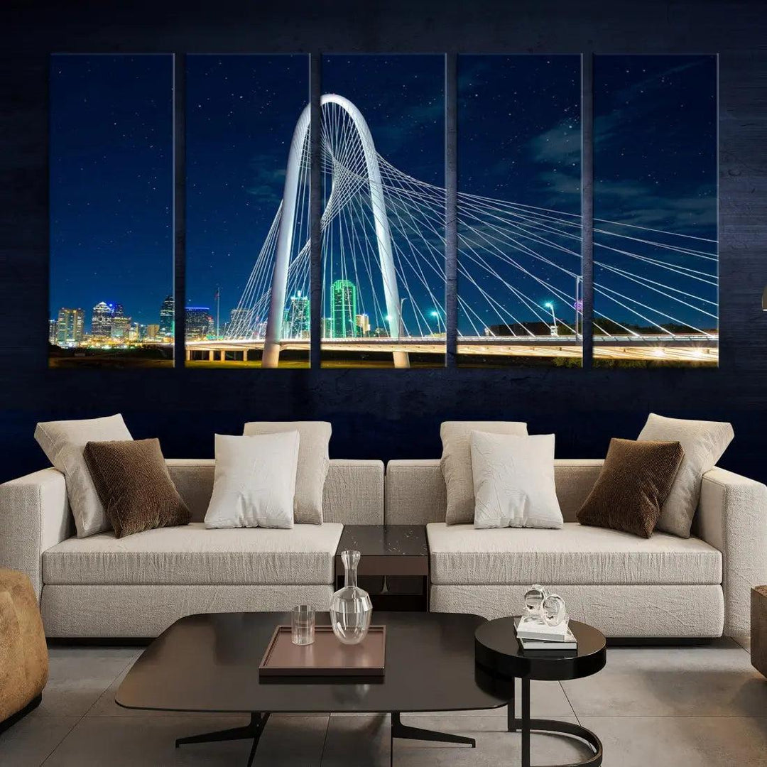 Dallas City Bridge at Night Skyline Wall Art Cityscape Canvas Print