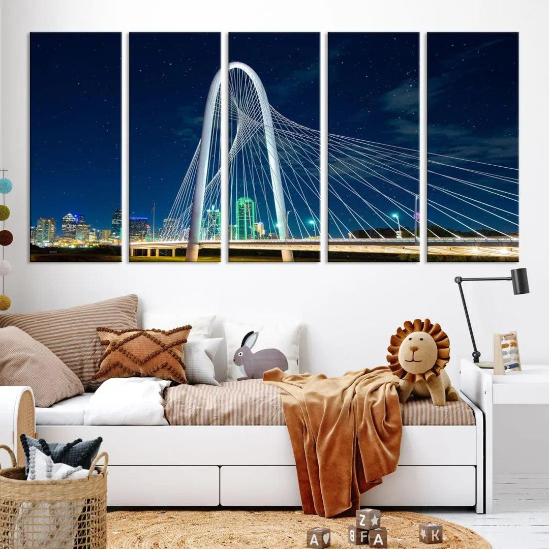 Dallas City Bridge at Night Skyline Wall Art Cityscape Canvas Print