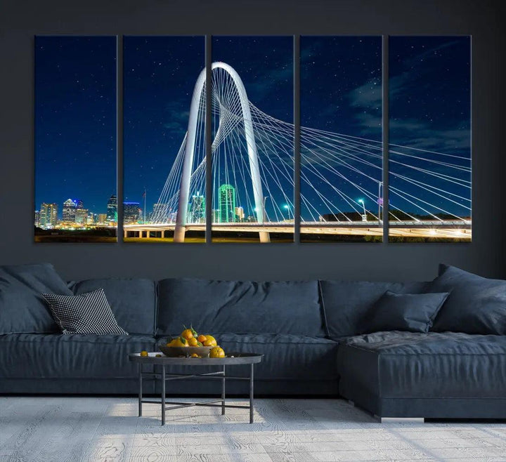 Dallas City Bridge at Night Skyline Wall Art Cityscape Canvas Print