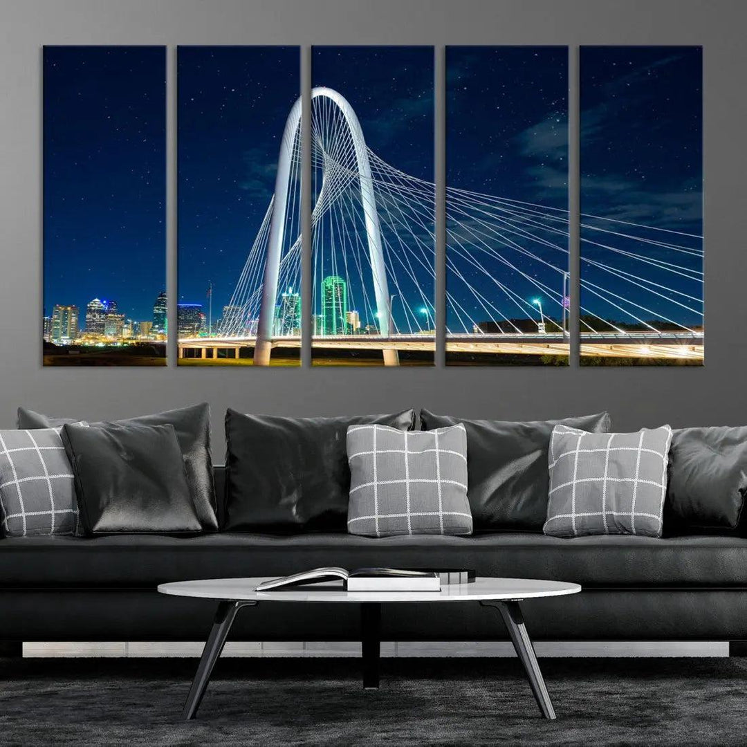 Dallas City Bridge at Night Skyline Wall Art Cityscape Canvas Print