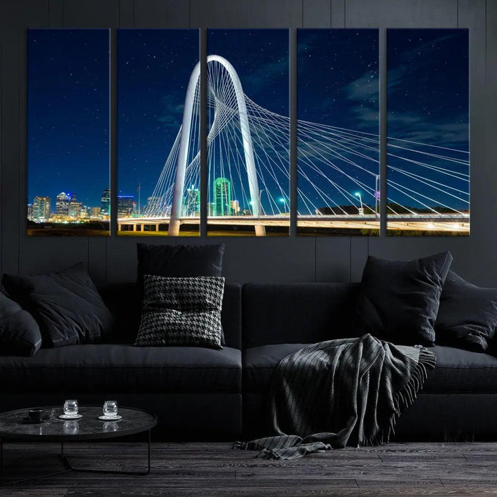 Dallas City Bridge at Night Skyline Wall Art Cityscape Canvas Print