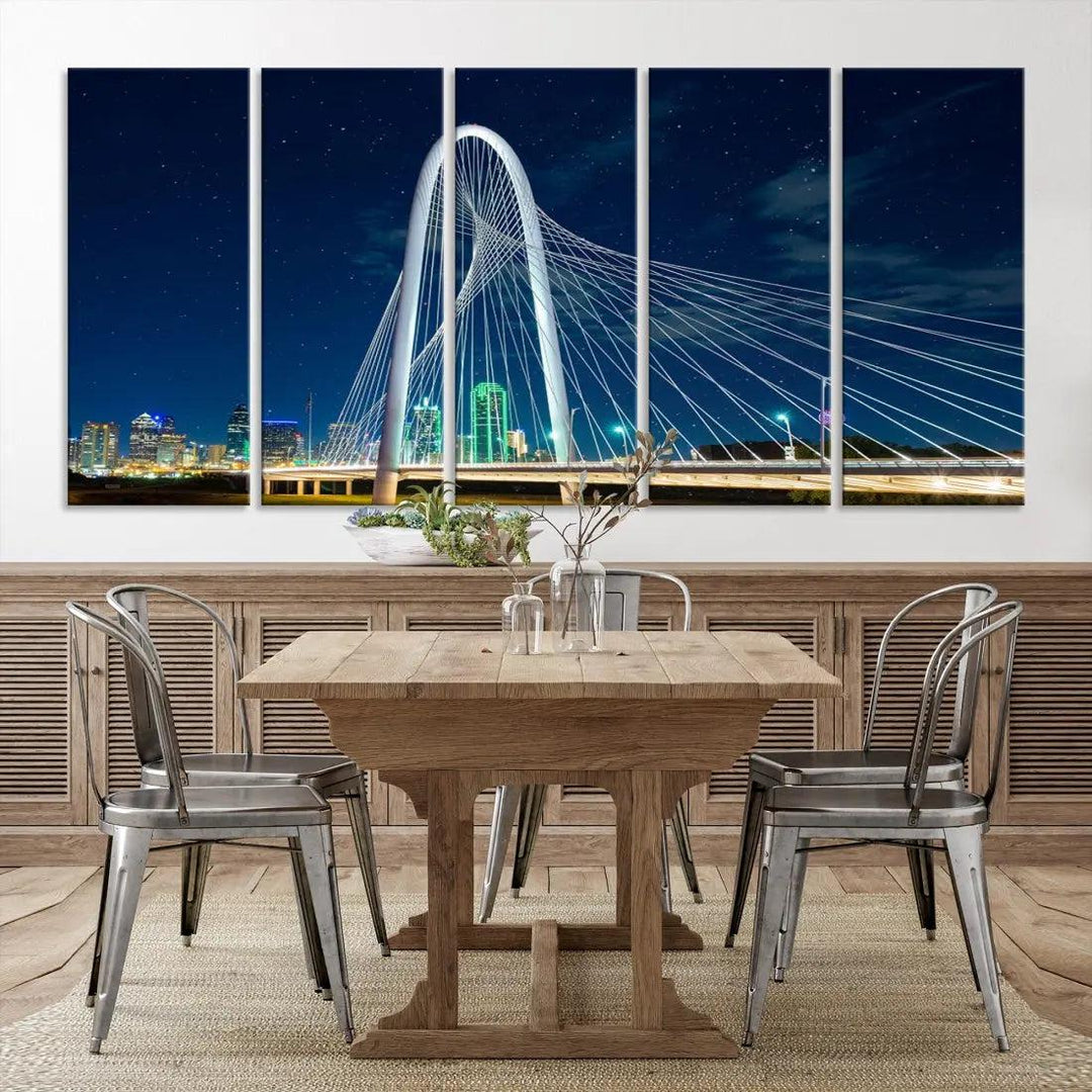 Dallas City Bridge at Night Skyline Wall Art Cityscape Canvas Print