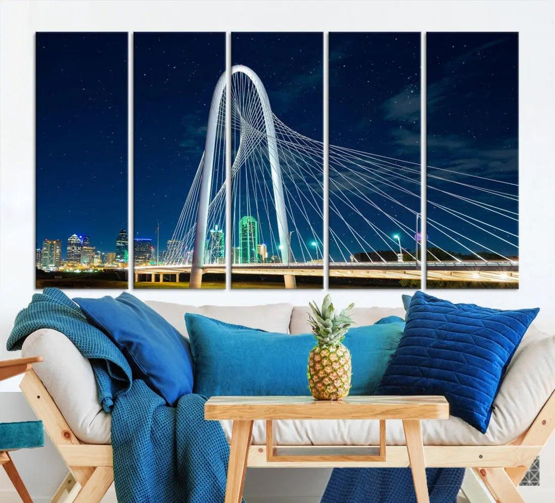 Dallas City Bridge at Night Skyline Wall Art Cityscape Canvas Print