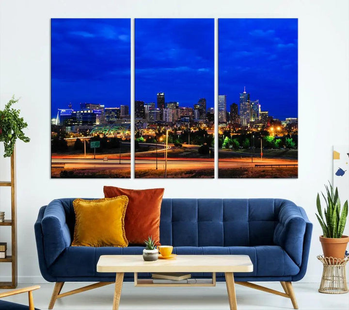 Dallas City Lights Night Blue Skyline Art Canvas Print Modern Home Decor