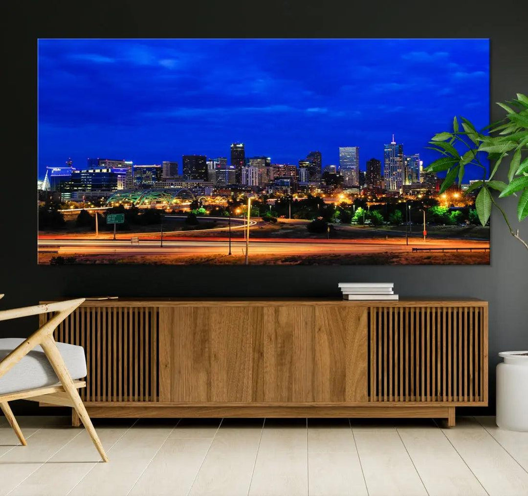 Dallas City Lights Night Blue Skyline Art Canvas Print Modern Home Decor