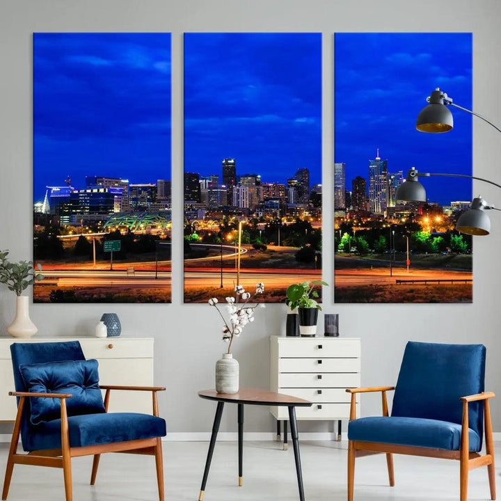 Dallas City Lights Night Blue Skyline Art Canvas Print Modern Home Decor