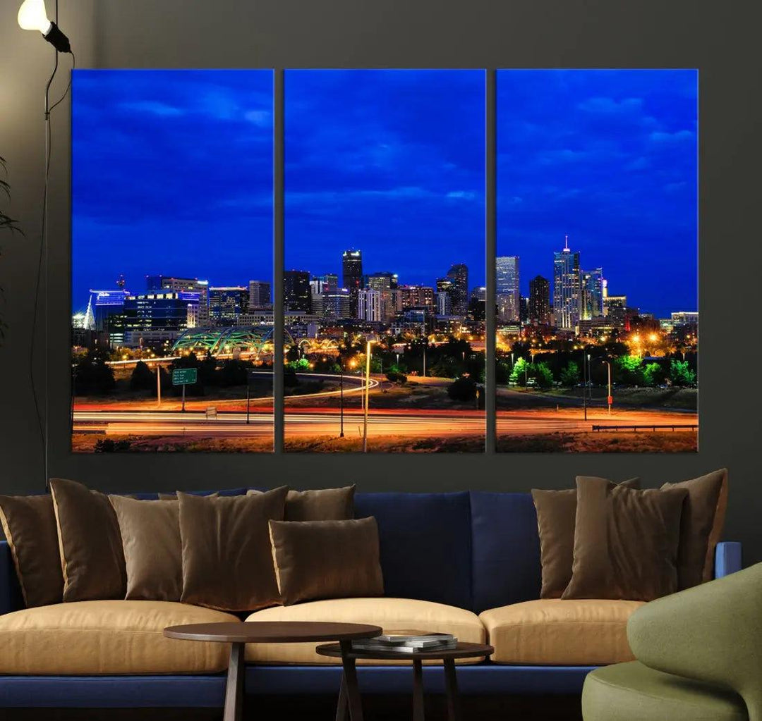 Dallas City Lights Night Blue Skyline Art Canvas Print Modern Home Decor