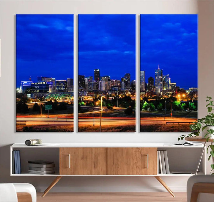 Dallas City Lights Night Blue Skyline Art Canvas Print Modern Home Decor