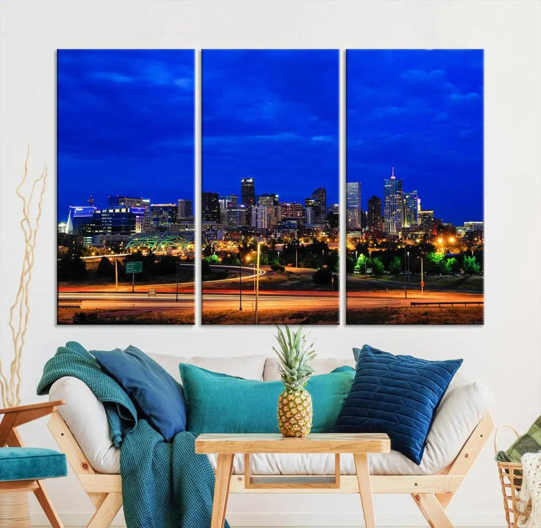 Dallas City Lights Night Blue Skyline Art Canvas Print Modern Home Decor