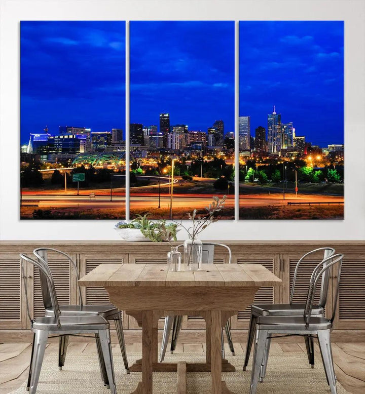 Dallas City Lights Night Blue Skyline Art Canvas Print Modern Home Decor