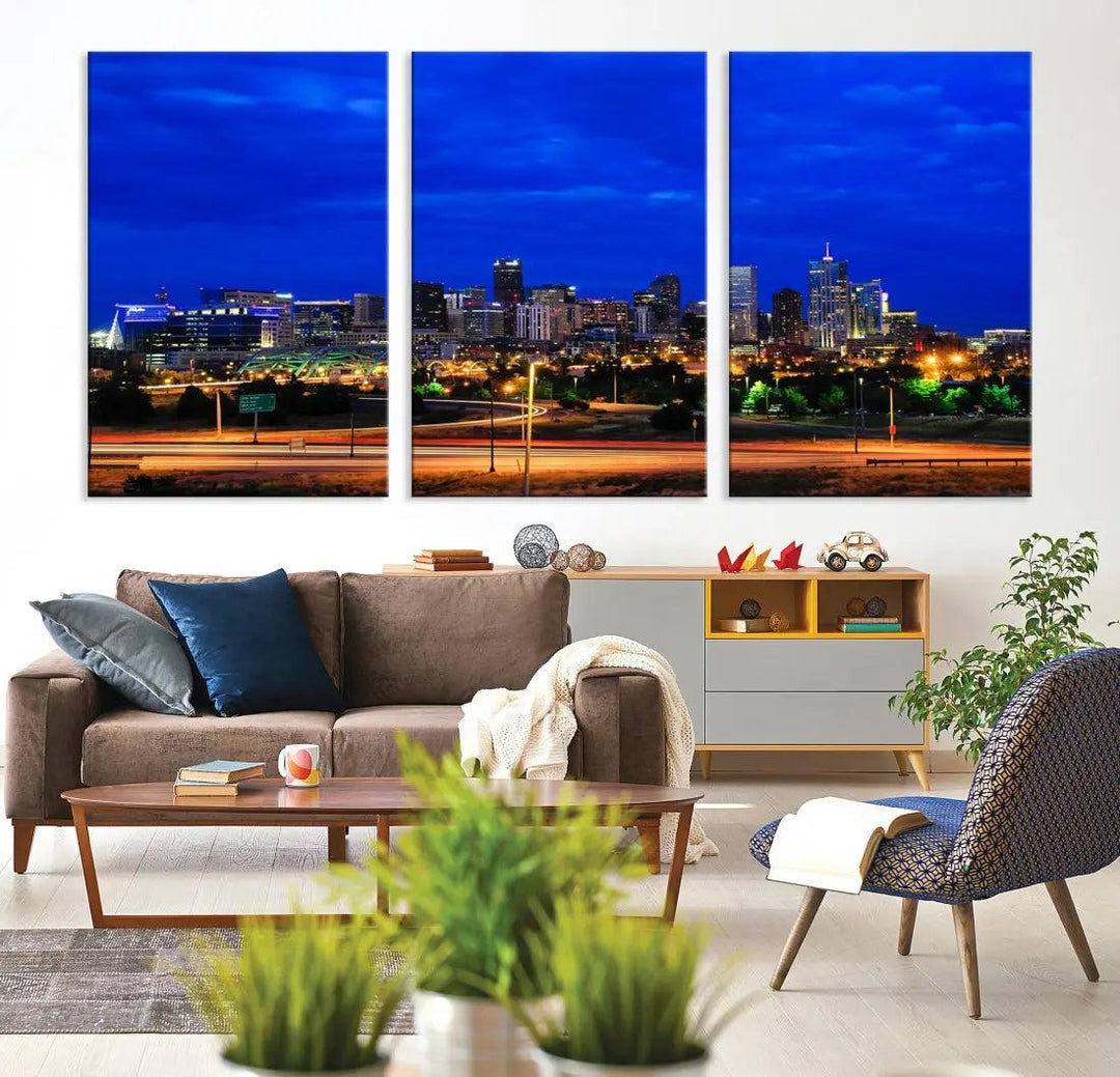 Dallas City Lights Night Blue Skyline Art Canvas Print Modern Home Decor