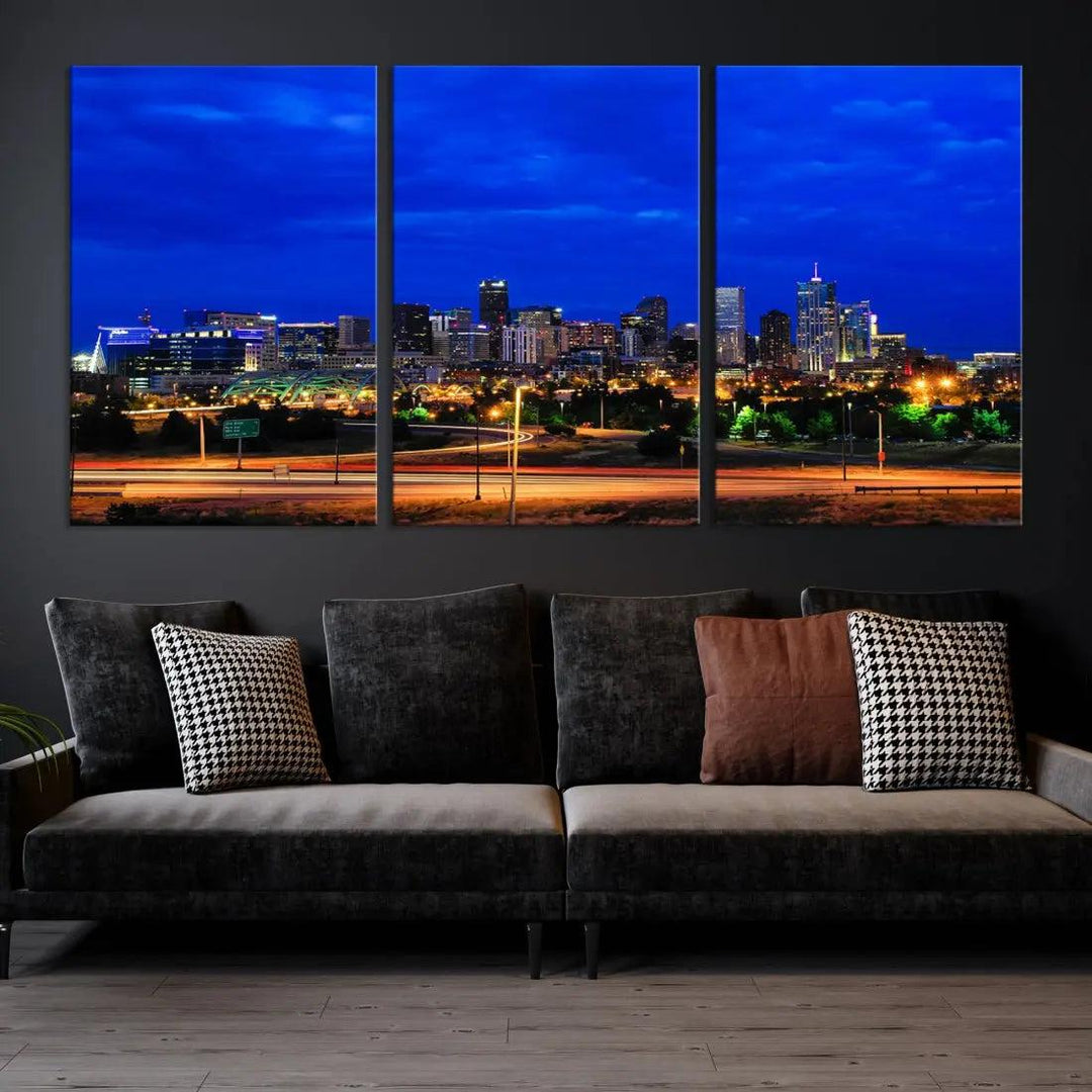 Dallas City Lights Night Blue Skyline Art Canvas Print Modern Home Decor