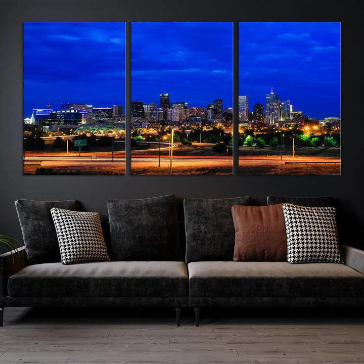 Dallas City Lights Night Blue Skyline Art Canvas Print Modern Home Decor