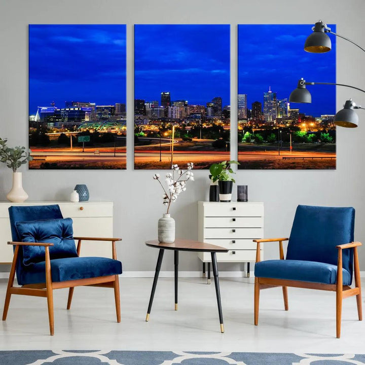 Dallas City Lights Night Blue Skyline Art Canvas Print Modern Home Decor