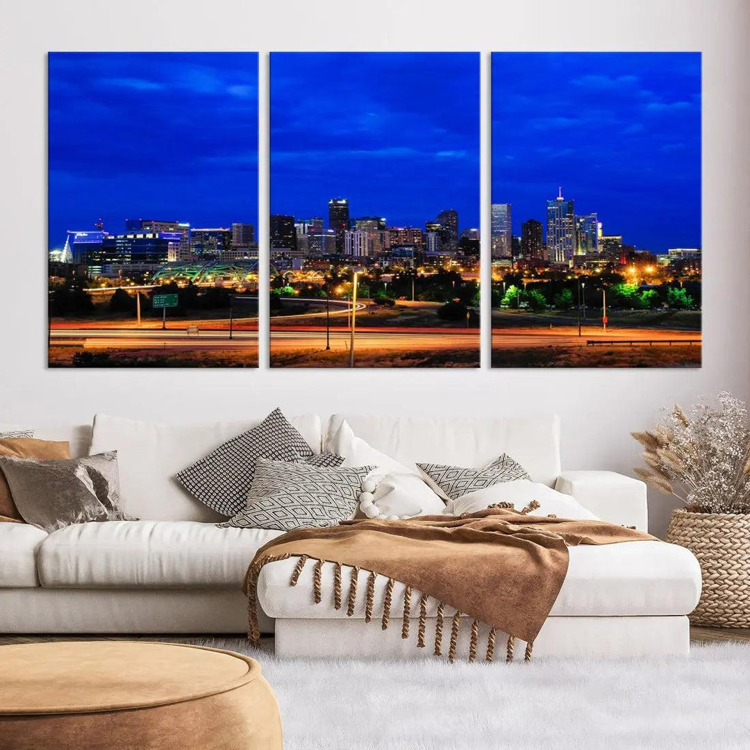 Dallas City Lights Night Blue Skyline Art Canvas Print Modern Home Decor