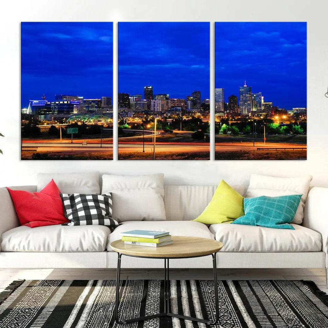 Dallas City Lights Night Blue Skyline Art Canvas Print Modern Home Decor