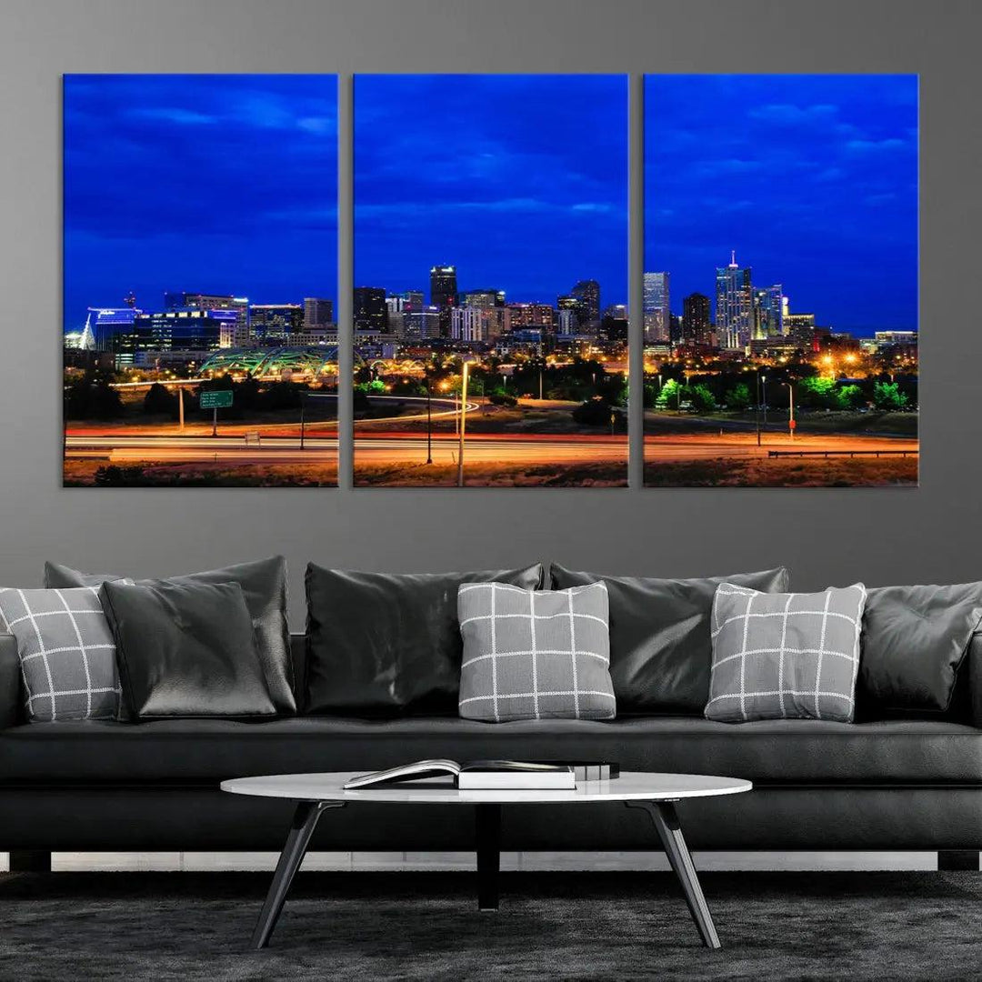 Dallas City Lights Night Blue Skyline Art Canvas Print Modern Home Decor