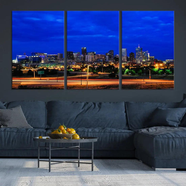 Dallas City Lights Night Blue Skyline Art Canvas Print Modern Home Decor